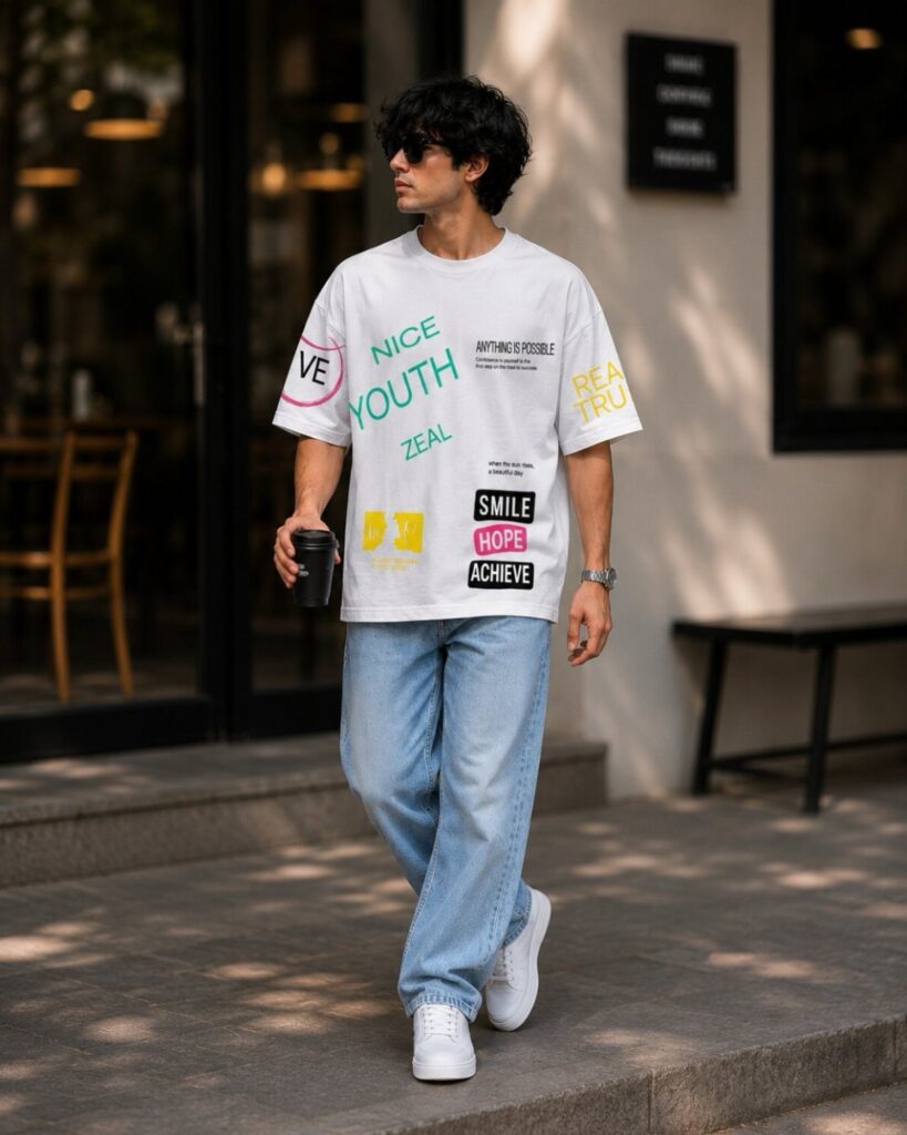 Man wearing oversized white graphic t-shirt and light blue baggy jeans with white sneakers
