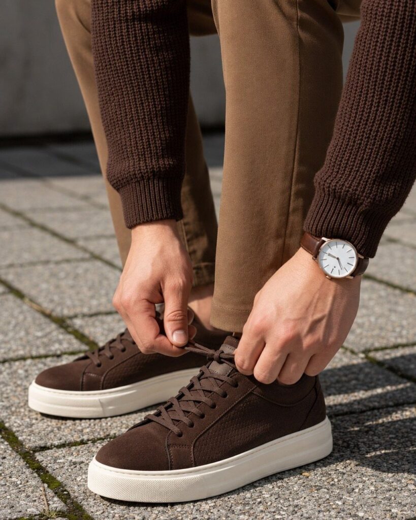 Person tying laces of dark brown sneakers while wearing brown trousers and sweater.