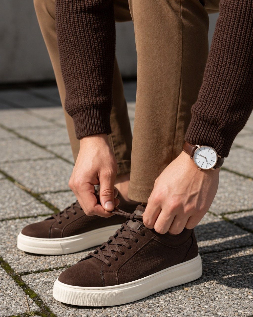 Person tying laces of dark brown sneakers while wearing brown trousers and sweater.