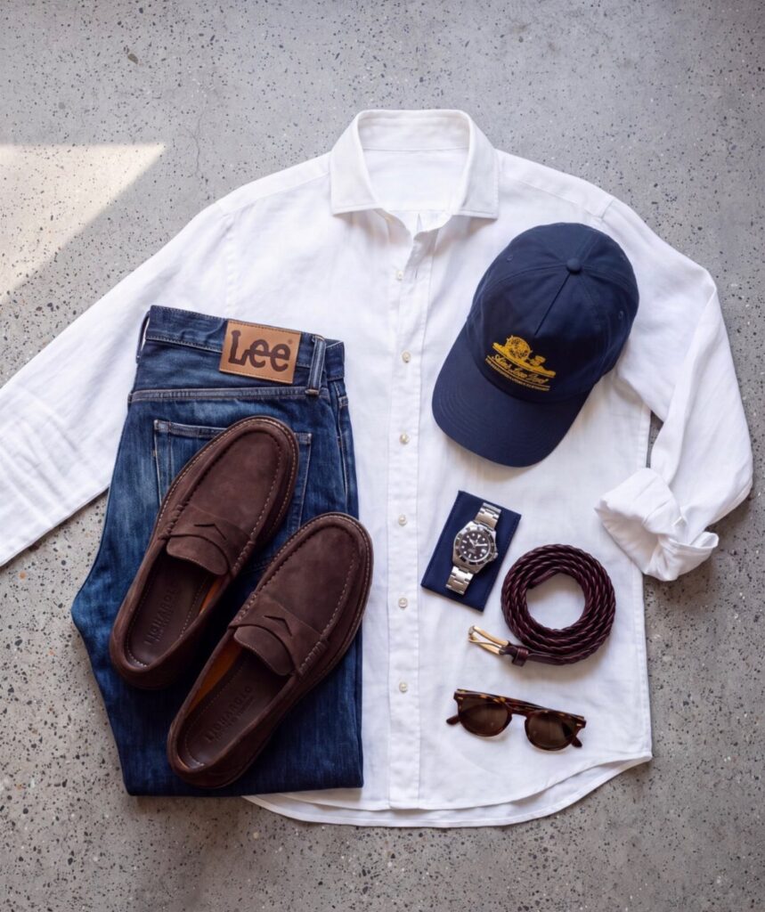 Brown suede loafers arranged with a white shirt, blue jeans, and navy cap.
