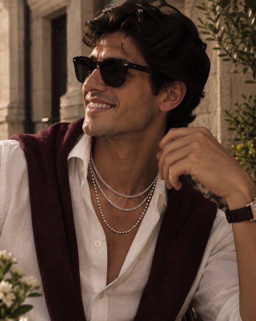 Man wearing three layered silver necklaces with a white shirt and burgundy vest.
