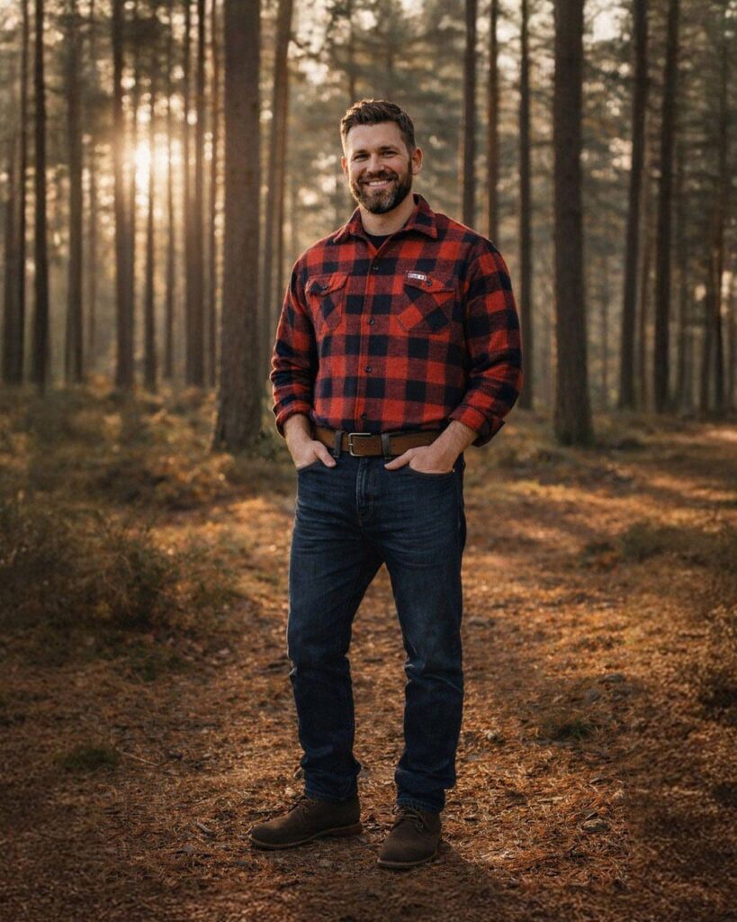 Bearded man in a red plaid shirt and brown leather boots in a forest