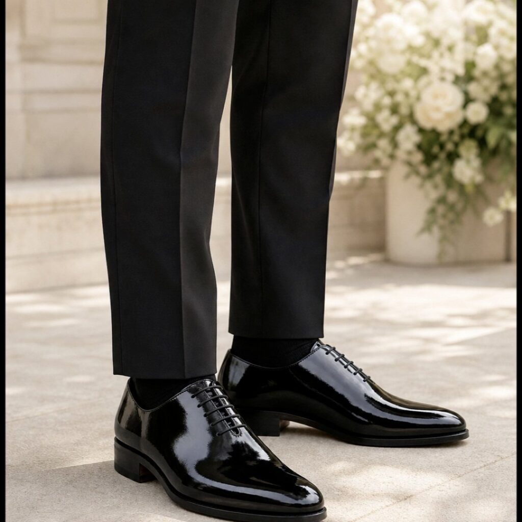 Black patent leather oxford shoes paired with black tailored trousers and dress socks.
