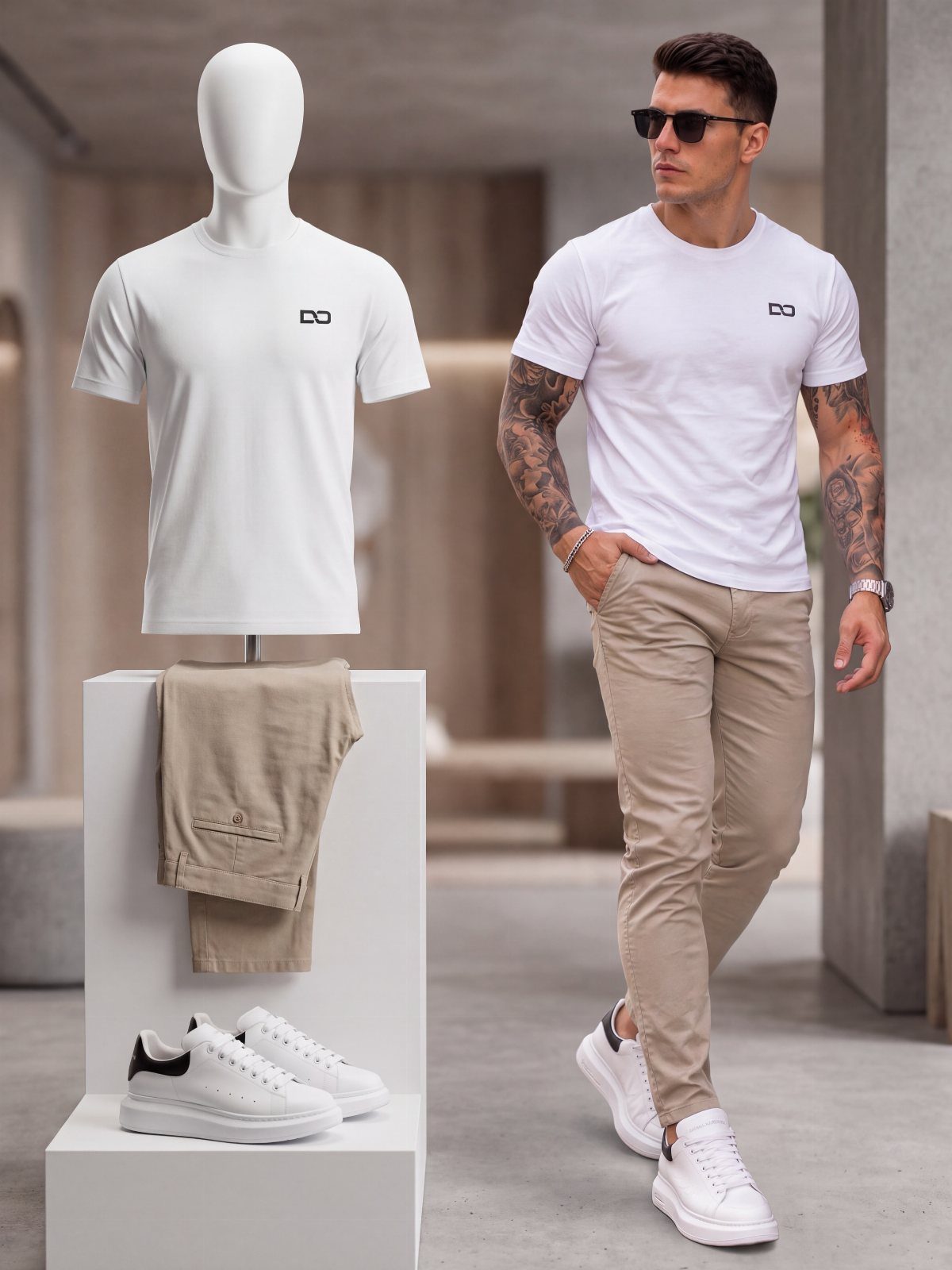 Man in white t-shirt and beige pants wearing clean white sneakers.